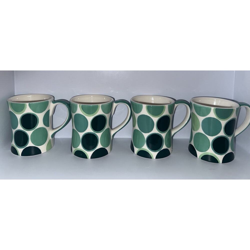 Harry & David 2009 Green Teal Set Of 4 polka dots Coffee Tea Cup Mug RARE COLOR